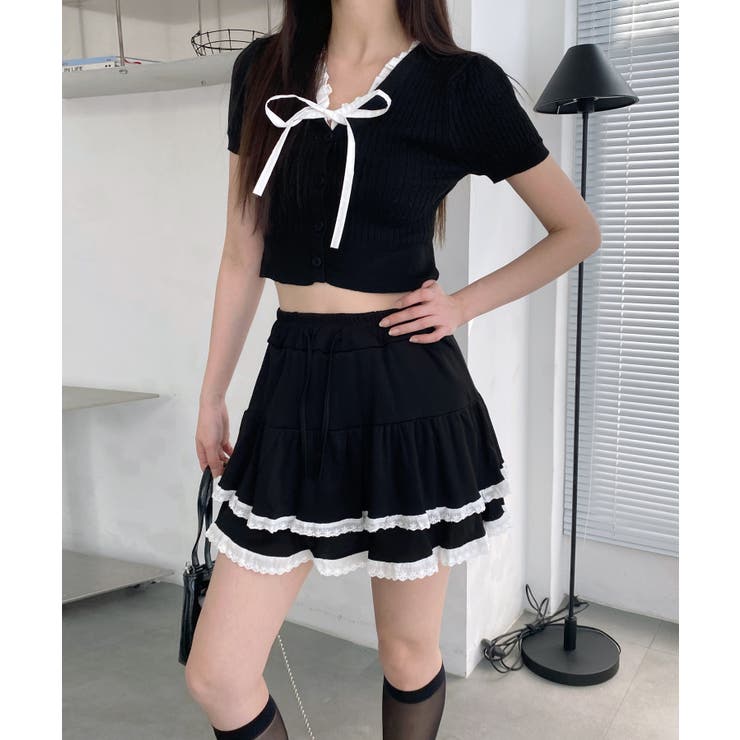 Vネックフリルボタンリボンクロップド半袖ニット | by muni:r | 詳細画像11 