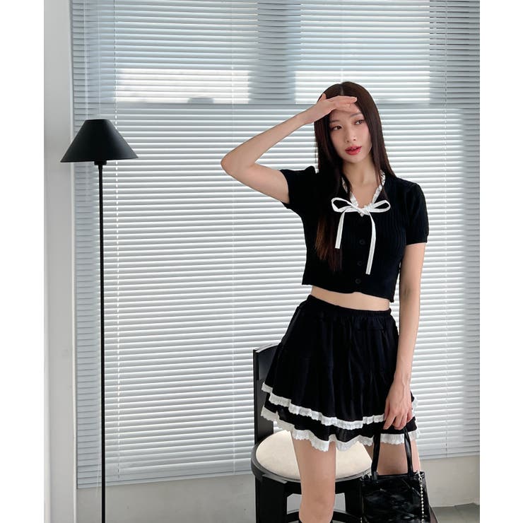 Vネックフリルボタンリボンクロップド半袖ニット | by muni:r | 詳細画像12 