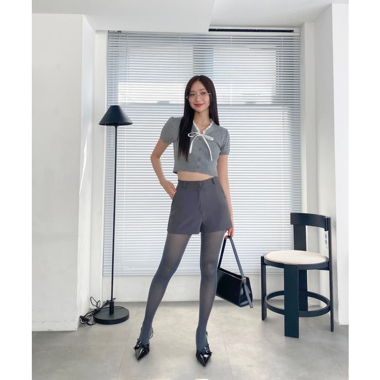 Vネックフリルボタンリボンクロップド半袖ニット | by muni:r | 詳細画像15 