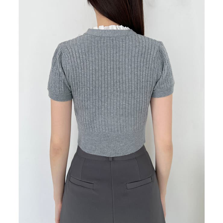 Vネックフリルボタンリボンクロップド半袖ニット | by muni:r | 詳細画像29 