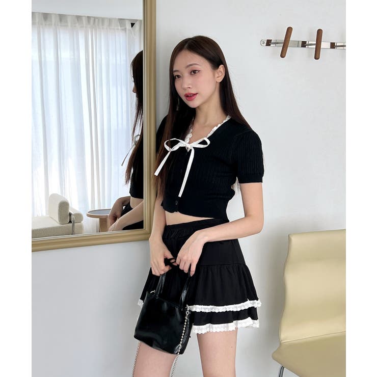 Vネックフリルボタンリボンクロップド半袖ニット | by muni:r | 詳細画像8 