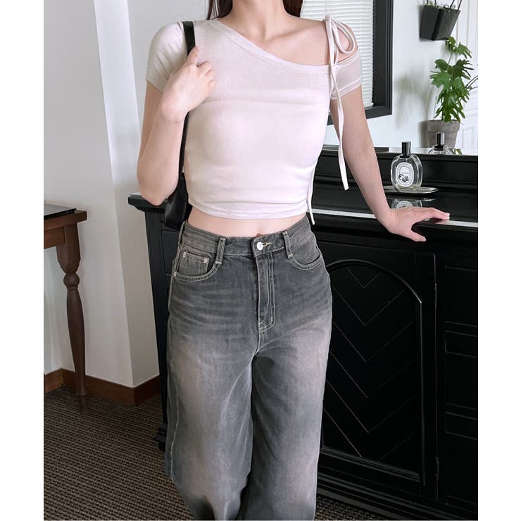 アンバランスリボンクロップド半袖Tシャツ | by muni:r | 詳細画像10 