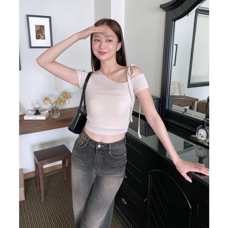 アンバランスリボンクロップド半袖Tシャツ | by muni:r | 詳細画像12 