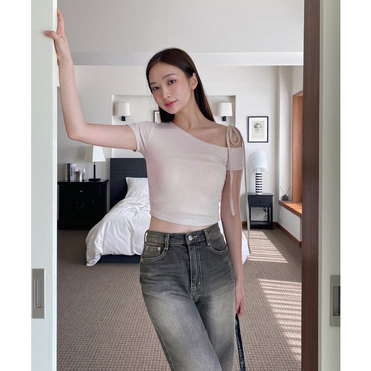 アンバランスリボンクロップド半袖Tシャツ | by muni:r | 詳細画像14 