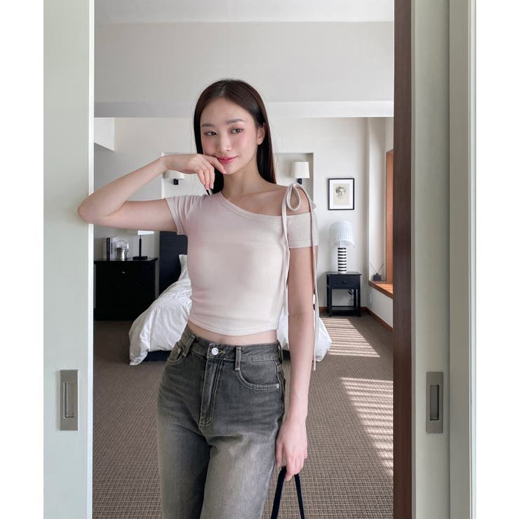 アンバランスリボンクロップド半袖Tシャツ | by muni:r | 詳細画像15 