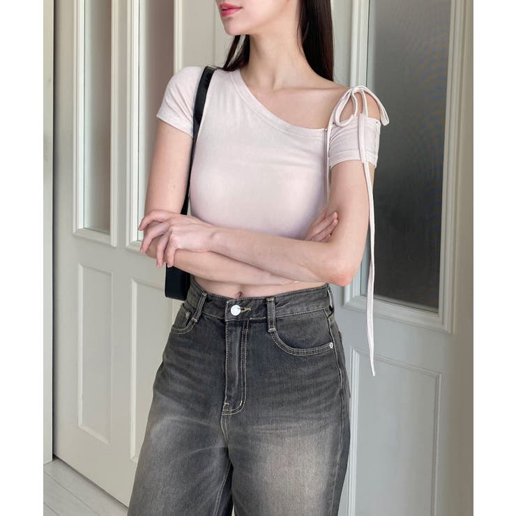 アンバランスリボンクロップド半袖Tシャツ | by muni:r | 詳細画像17 