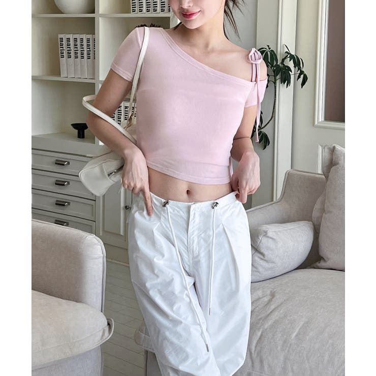 アンバランスリボンクロップド半袖Tシャツ | by muni:r | 詳細画像35 