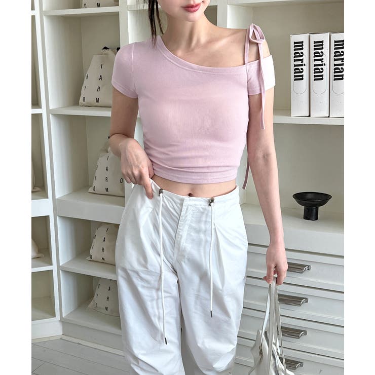 アンバランスリボンクロップド半袖Tシャツ | by muni:r | 詳細画像43 