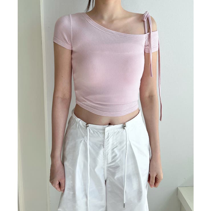 アンバランスリボンクロップド半袖Tシャツ | by muni:r | 詳細画像45 