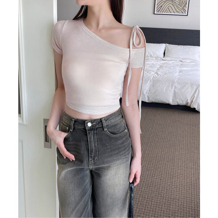 アンバランスリボンクロップド半袖Tシャツ | by muni:r | 詳細画像9 