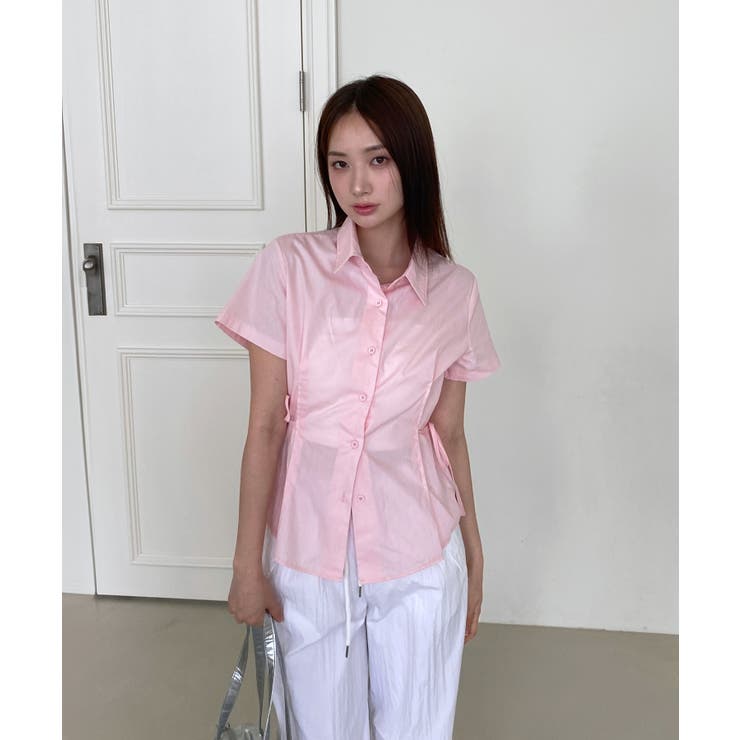 ストライプ 半袖 Tシャツ サイドリボン 2color 】サイドシャーリングリボン半袖ショートTシャツ