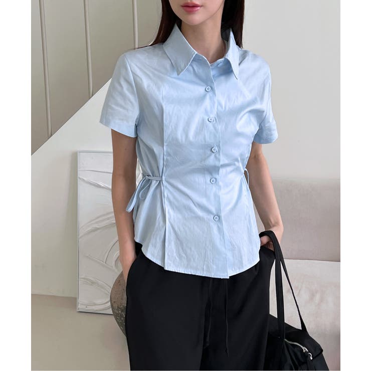 ストライプ 半袖 Tシャツ サイドリボン 7color ／ 3size 】サイドシャーリングリボンショート長袖Tシャツ