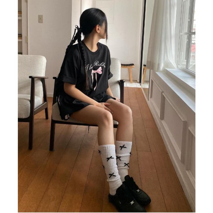 スリットリボンプリントルーズTシャツ | by muni:r | 詳細画像10 