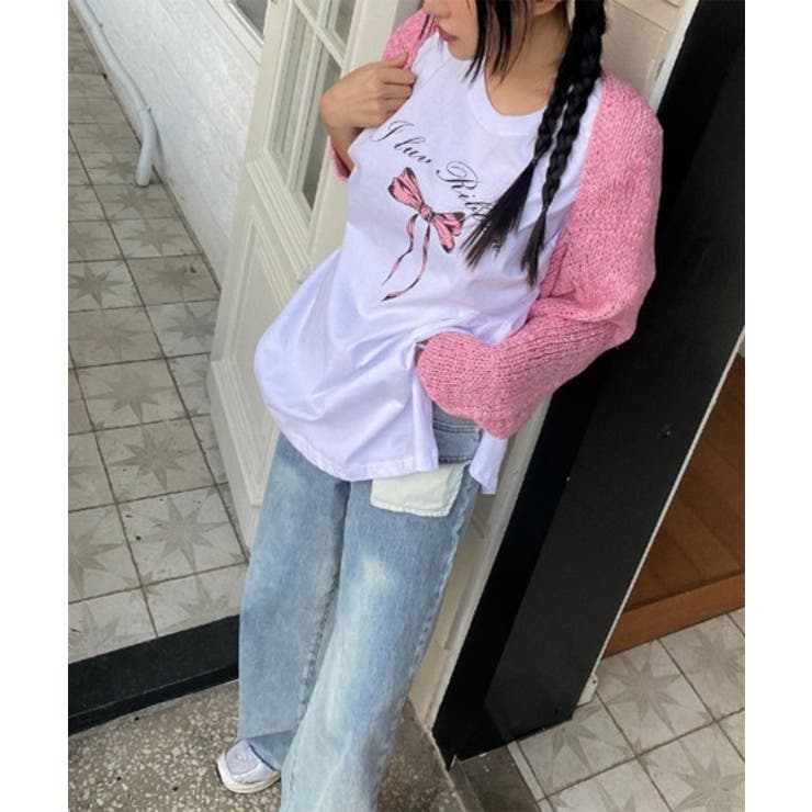 スリットリボンプリントルーズTシャツ | by muni:r | 詳細画像2 