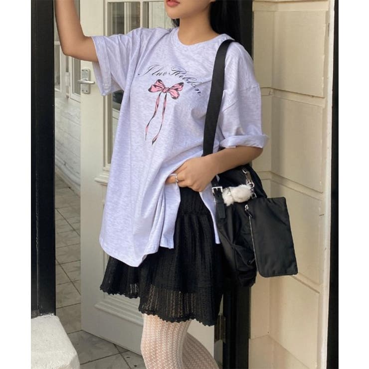 スリットリボンプリントルーズTシャツ | by muni:r | 詳細画像7 