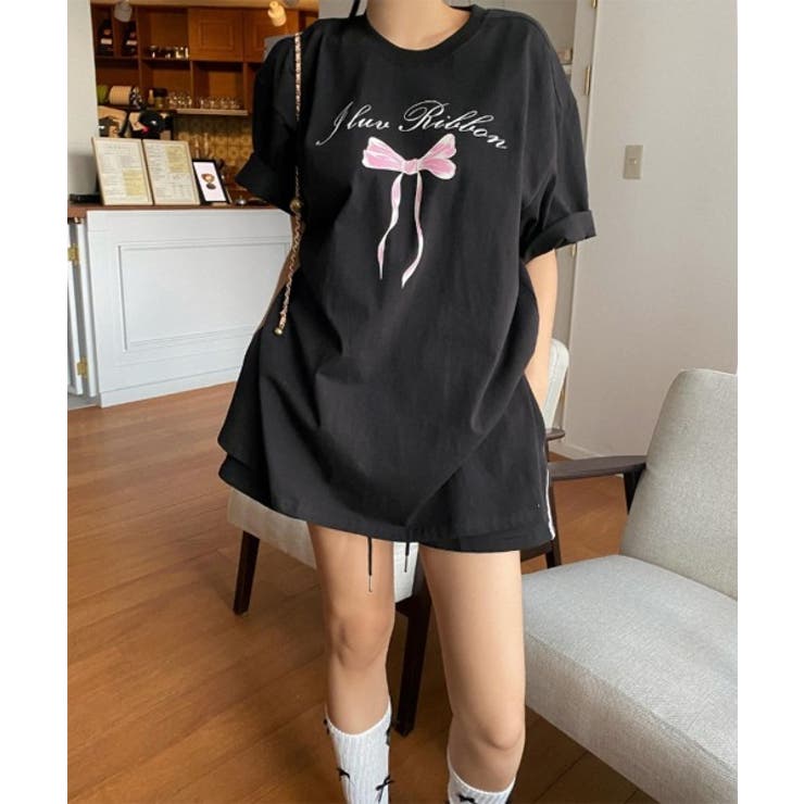 スリットリボンプリントルーズTシャツ | by muni:r | 詳細画像9 