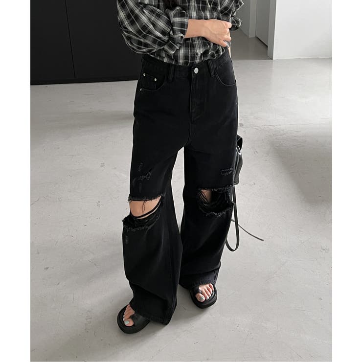 ヴィンテージダメージデニムワイドパンツ[品番：FROW0001486