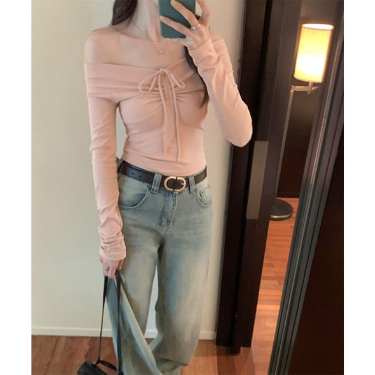 リボンシャーリングオフショルダーロングTシャツ | by muni:r | 詳細画像10 