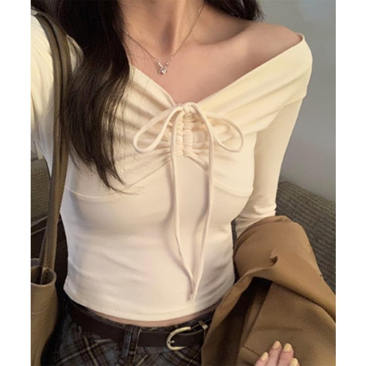 リボンシャーリングオフショルダーロングTシャツ | by muni:r | 詳細画像2 