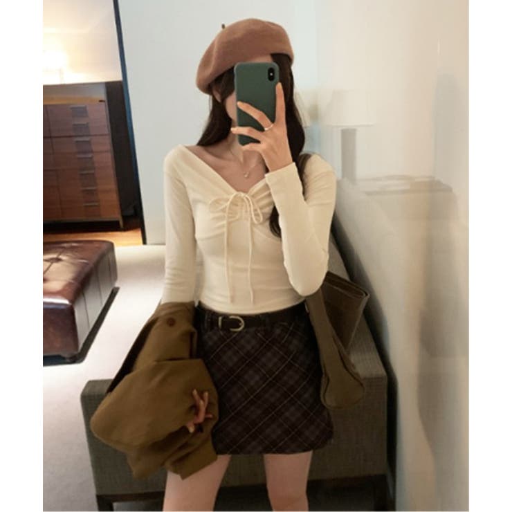 リボンシャーリングオフショルダーロングTシャツ | by muni:r | 詳細画像3 