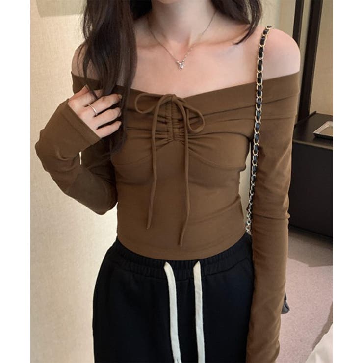 リボンシャーリングオフショルダーロングTシャツ | by muni:r | 詳細画像5 