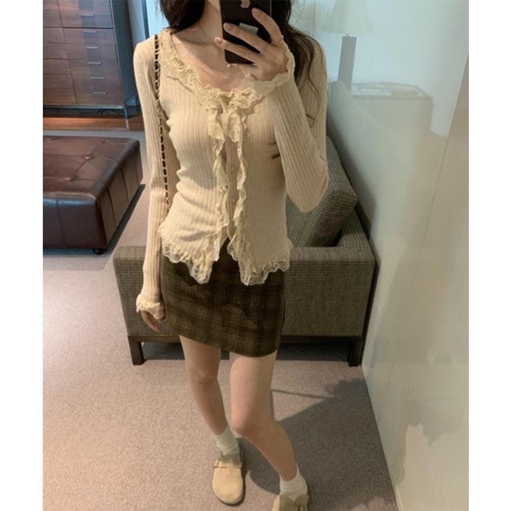 レースUネックリブニットカーディガン | by muni:r | 詳細画像3 