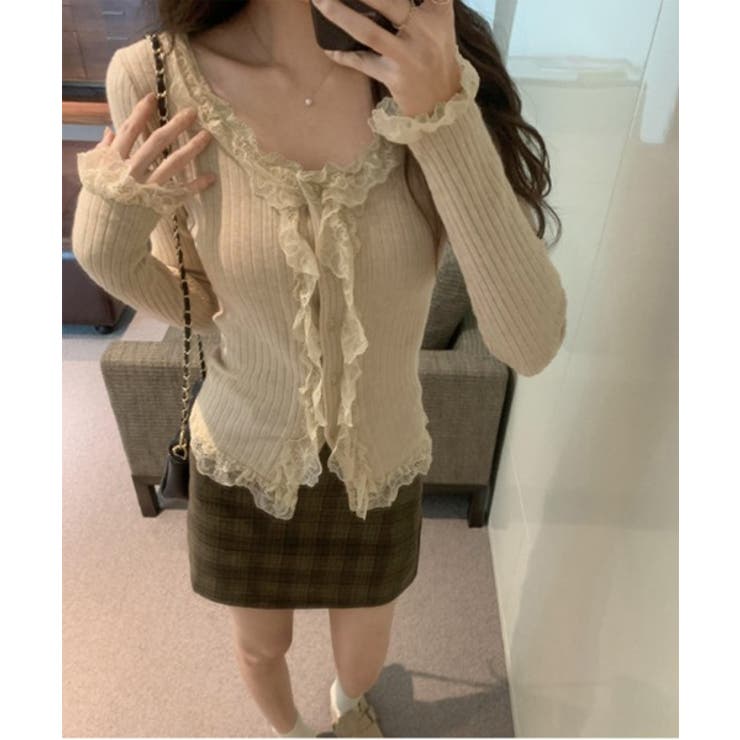 レースUネックリブニットカーディガン | by muni:r | 詳細画像4 