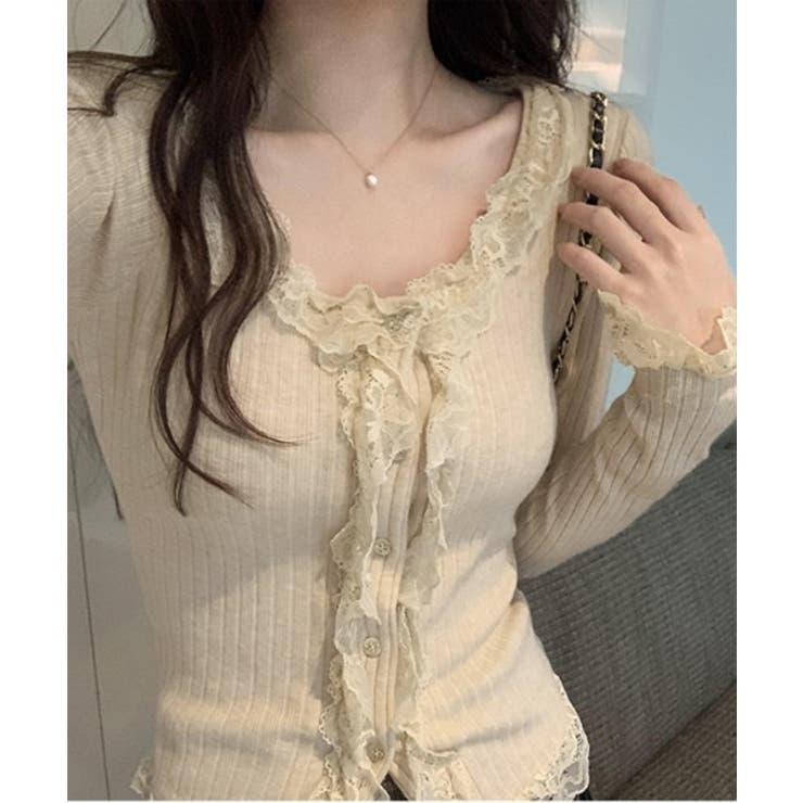 レースUネックリブニットカーディガン | by muni:r | 詳細画像5 