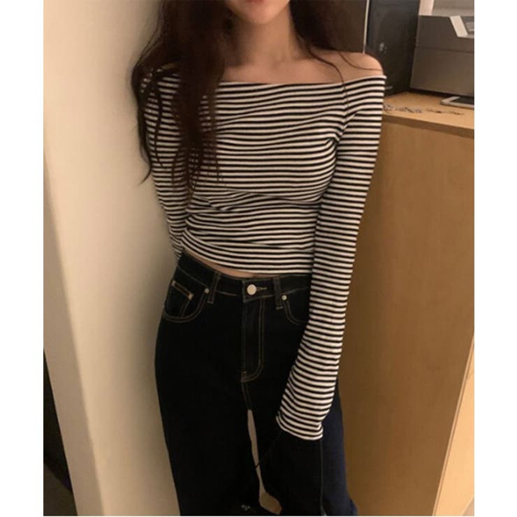 ストライプオフショルダーTシャツ | by muni:r | 詳細画像1 