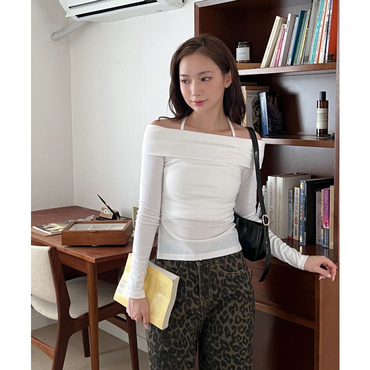 スリットオフショルダーストラップロングTシャツ[品番