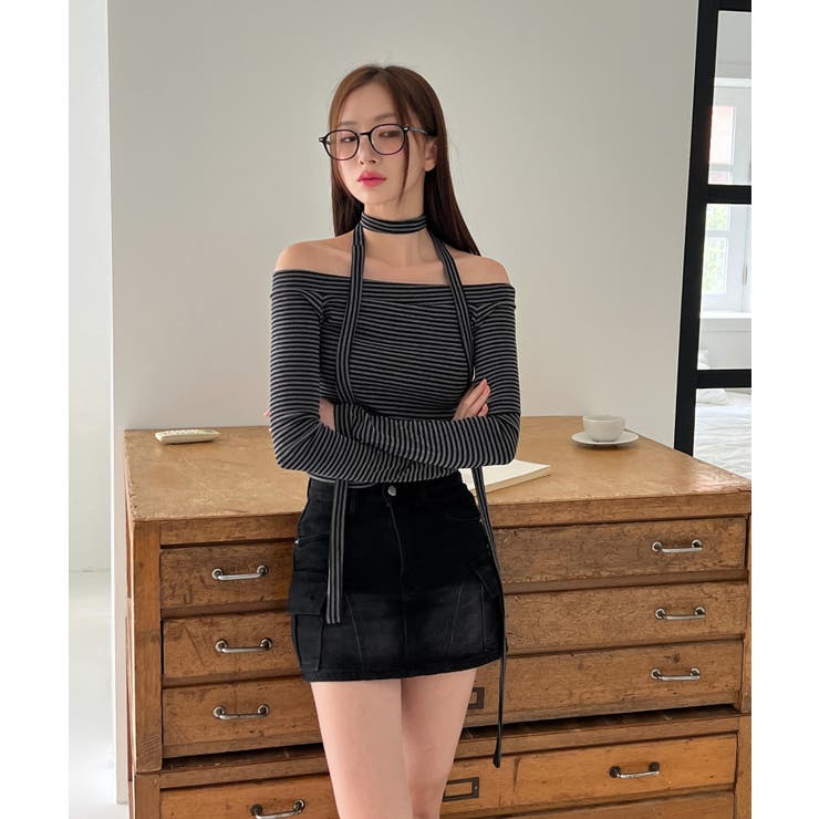 バーガンディ オフショルダー トップスとマフラー！ ボーダーオフショルダーマフラーSET[品番：FROW0001520]｜by muni:r