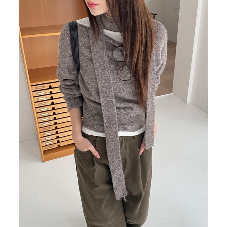 ルーズボートネックニット+スカーフSET[品番：FROW0001526]｜by muni:r