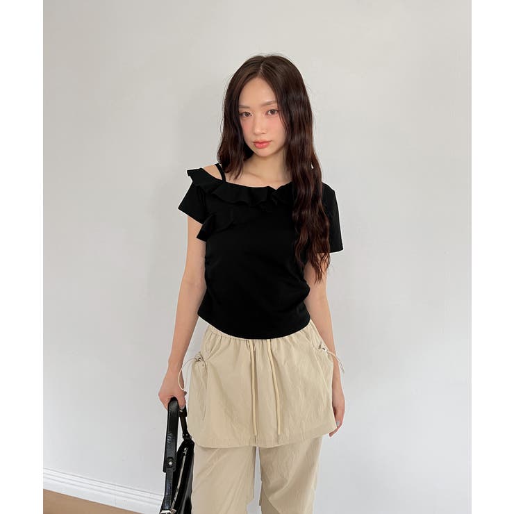 【大人かわいい】新品　フリル　チェーンプリントカットソー黒　r71 セール】【フリルカラー取り外し可能】ワイドリブレイヤード