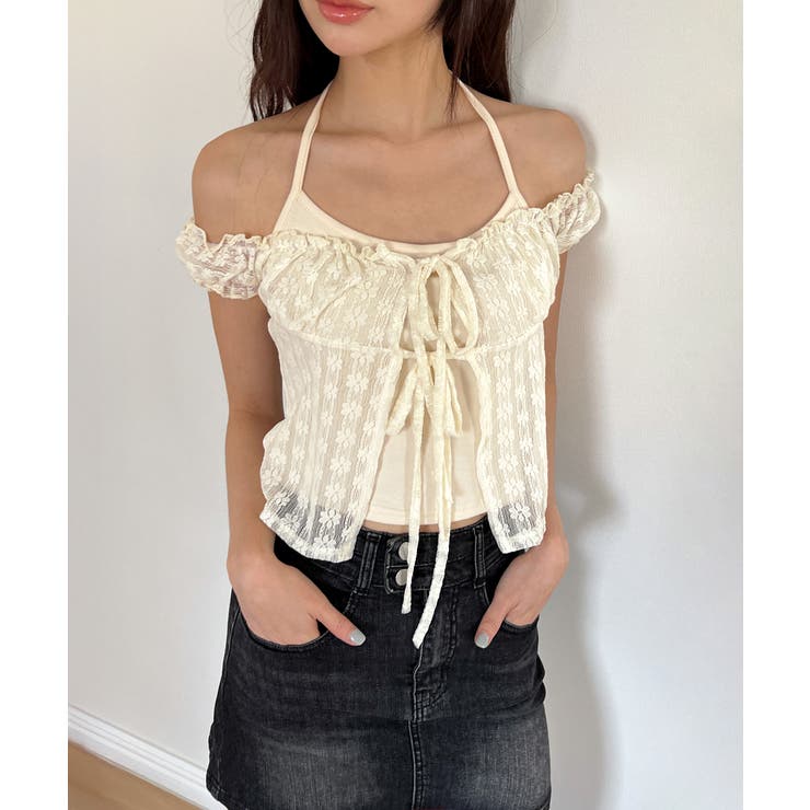 レースシースルーレイヤードホルターブラウス T | by muni:r | 詳細画像2 