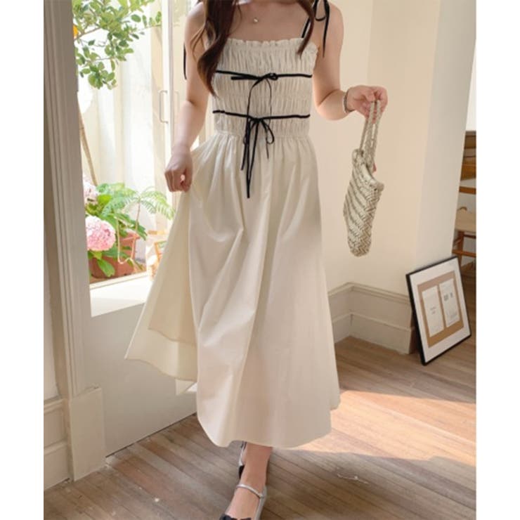 【美品】PAULE KA リボンワンピース393 リボンスモックバンディングロングワンピース 2025 SS[品番