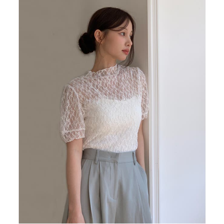 シースルーレースフリル半袖ブラウス | by muni:r | 詳細画像1 