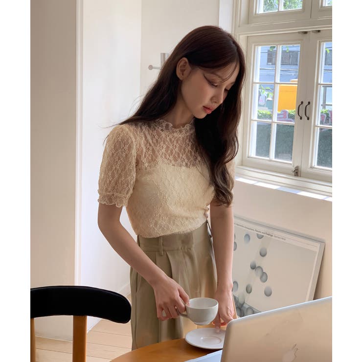 シースルーレースフリル半袖ブラウス | by muni:r | 詳細画像17 