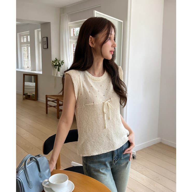 パンチングリボンフリルキャップスリーブニット | by muni:r | 詳細画像1 