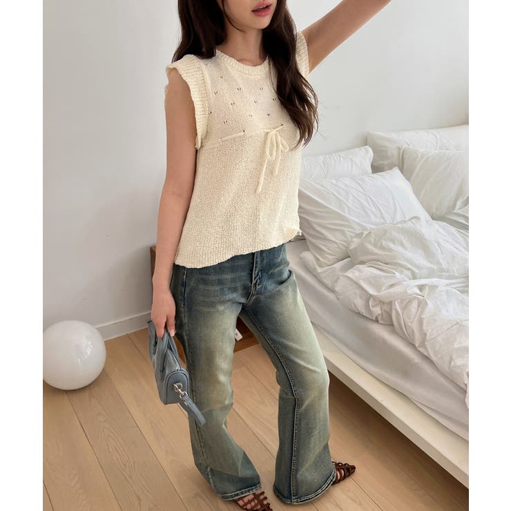 パンチングリボンフリルキャップスリーブニット | by muni:r | 詳細画像2 