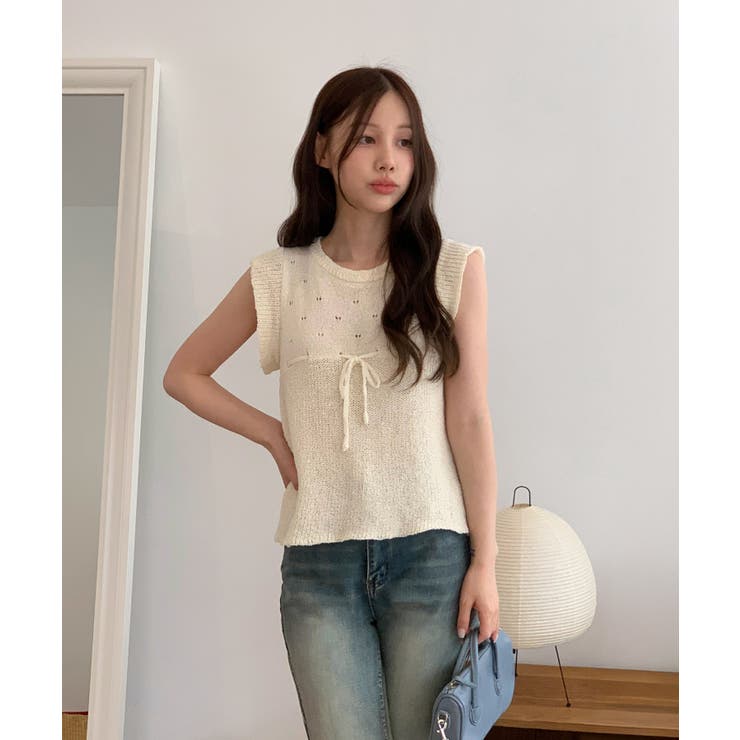 パンチングリボンフリルキャップスリーブニット | by muni:r | 詳細画像3 