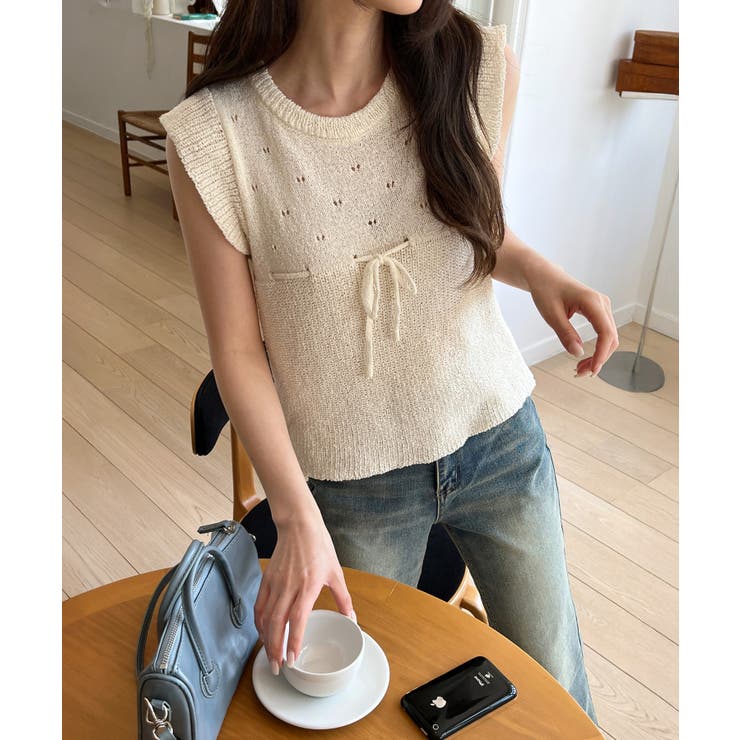 パンチングリボンフリルキャップスリーブニット | by muni:r | 詳細画像8 