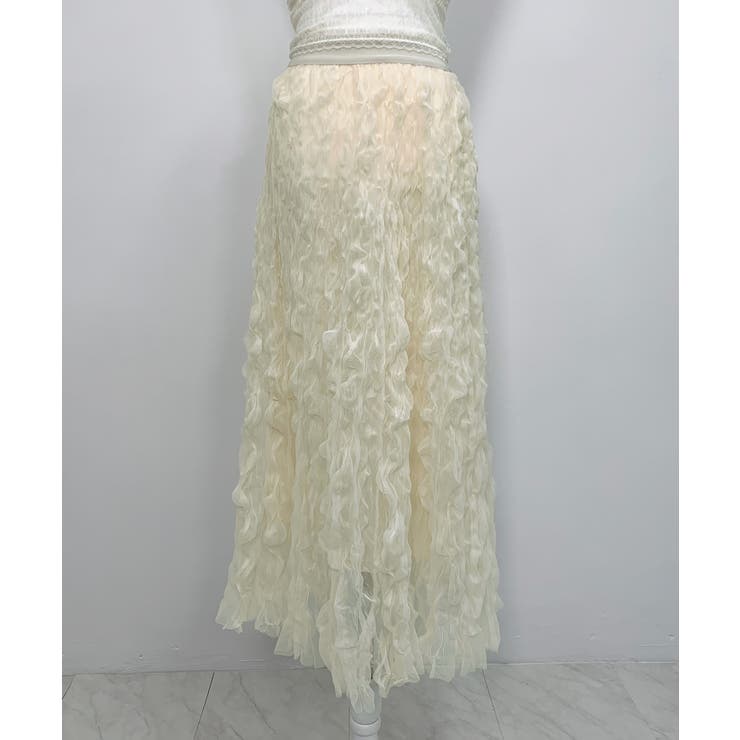 シフォンフリルロングスカート クリーム色 シフォンフリルロングスカート クリーム色