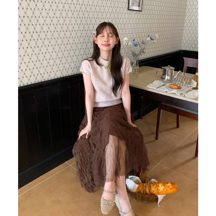 ブラウンクリームウェーブシフォンスカート/2025 AW COLLECTION | by muni:r | 詳細画像3 