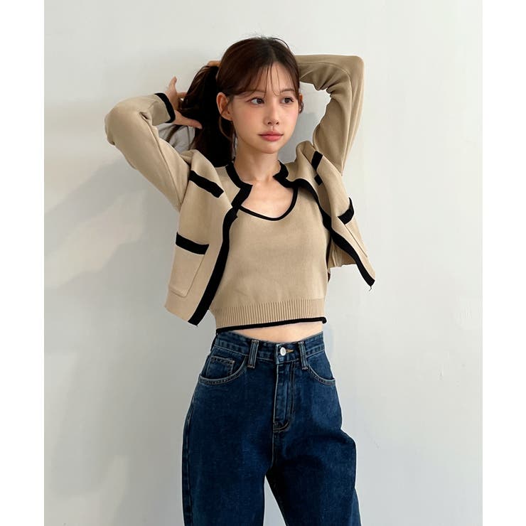 【着用動画あり 3色展開】配色クロップド ニットカーディガン | by muni:r | 詳細画像12 