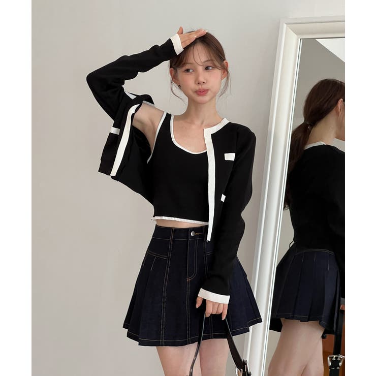 【着用動画あり 3色展開】配色クロップド ニットカーディガン | by muni:r | 詳細画像32 