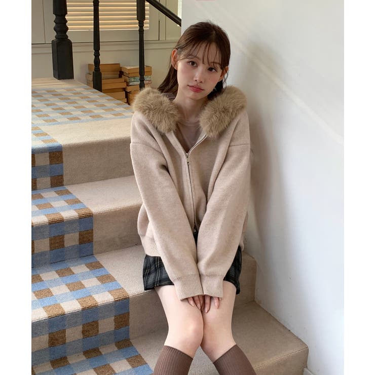 ファーフードジップアップニットカーディガン 2025 AW | by muni:r | 詳細画像12 