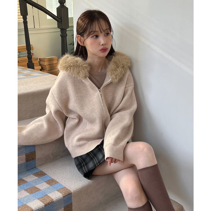 ファーフードジップアップニットカーディガン 2025 AW | by muni:r | 詳細画像14 