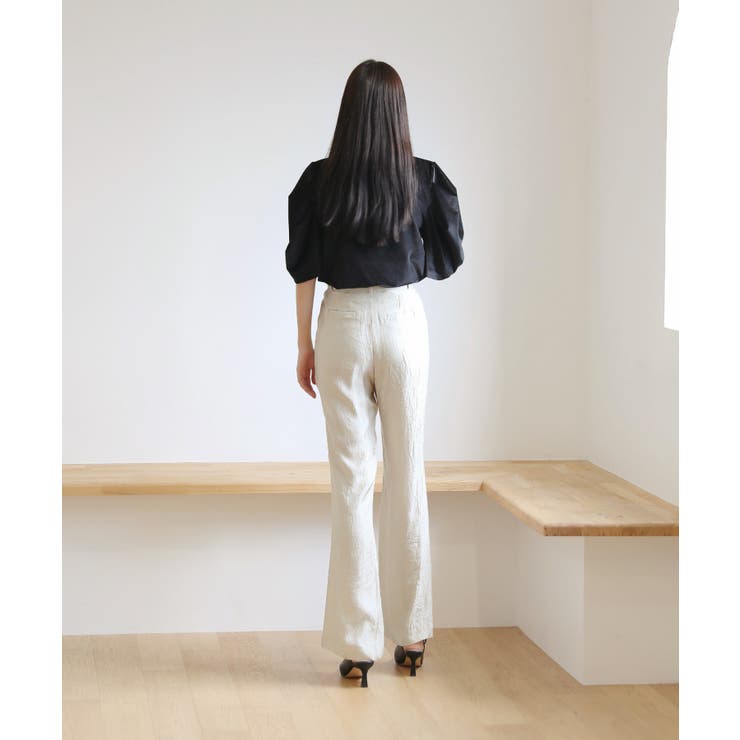 美脚パステルロングスラックス/しわ加工サテンフレアパンツ[品番