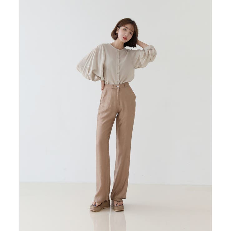 美脚パステルロングスラックス/しわ加工サテンフレアパンツ | by muni:r | 詳細画像5 