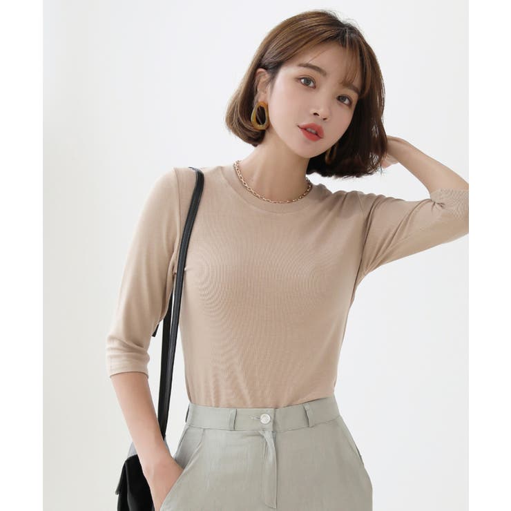 ラウンドネック スリムライン ソフトリブ 7分丈 Tシャツ | by muni:r | 詳細画像1 